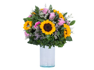Flower vase on a white background There are pink roses and yellow sunflowers.