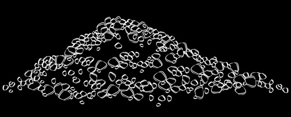 White outline of heap of stones isolated on black background. Design element.