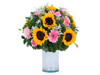 Flower vases on white space There are sunflowers and gerbera.