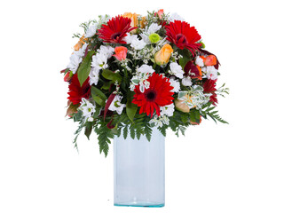 Flower vases on a white scene With orange roses and red gerbera