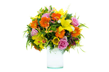 Mix flower bouquet vase on white background
