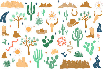 Desert Cartoon Hand Drawn Vector Elements Set