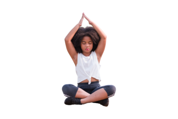 African American little girl doing meditate yoga asana with eyes closed on transparent background. Kids girl practicing doing yoga