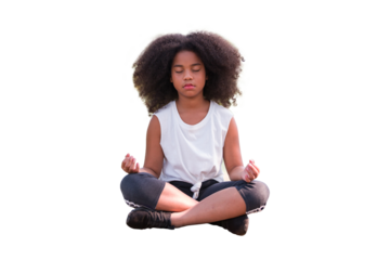 African American little girl doing meditate yoga asana with eyes closed on transparent background. Kids girl practicing doing yoga