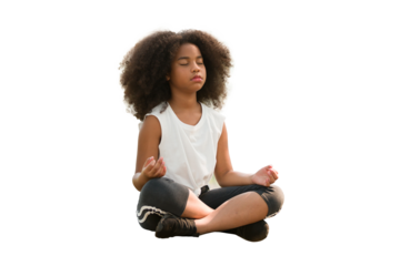 African American little girl doing meditate yoga asana with eyes closed on transparent background. Kids girl practicing doing yoga