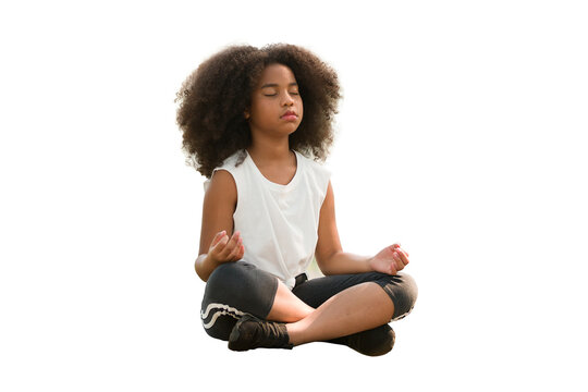 African American little girl doing meditate yoga asana with eyes closed on transparent background. Kids girl practicing doing yoga