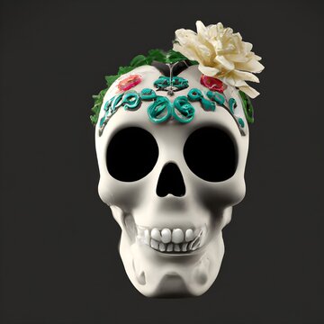 Traditional Calavera, Sugar Skull decorated with flowers. The day of the dead.