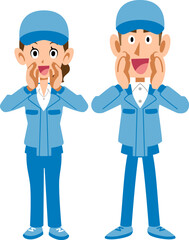 大声で呼びかける青い作業着の男女
