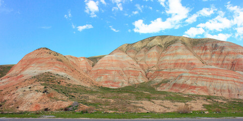 Mountains with red stripes. Khizi region. Azerbaijan.