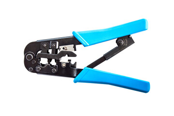 Pliers Blue crimp tool isolated use for twisted pair network cable with multiple RJ-45 connectors