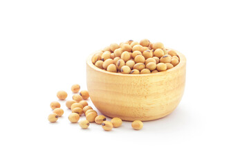 Soybean seeds in wooden bowl isolated on white background.