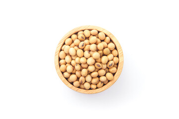Soybean seeds in wooden bowl  isolated on white background , top view , flat lay.