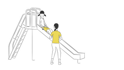 滑り台で遊ぶ女の子と母親のシンプルなイラスト