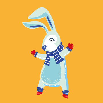 blue hare in a scarf and mittens