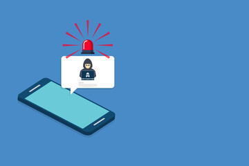 Hacker, malware notification on mobile phone. Smartphone with hacker alert, spam data on cellphone fraud error message, scam, virus. 