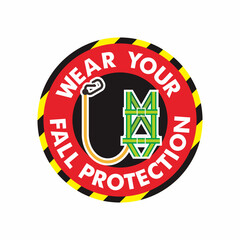Round shape for sticker design template recommendation to wear fall protection equipment. Full body harness. Working at height safety gear.
