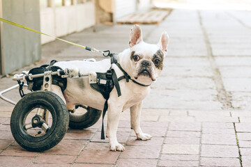 Dog with disabilities on a walk in wheel cart. Disabled paralysed french bulldog walking in...