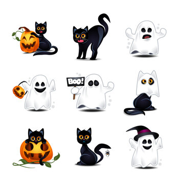 Halloween ghosts, black cats, and pumpkins vector set.