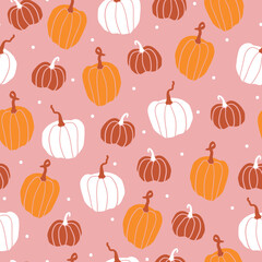 seamless halloween pattern. cute pumpkins and white dots . pink background. vector texture. fashionable print for textiles, wallpaper and packaging.