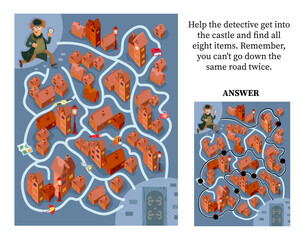 Maze and one answer, activity for children. Vector illustration. Puzzle game. Help the detective get into the castle and find all eight items. Find 2 correct answers. 