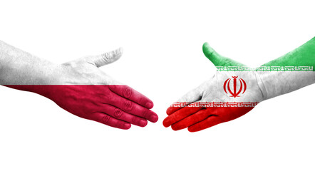 Handshake between Iran and Poland flags painted on hands, isolated transparent image.