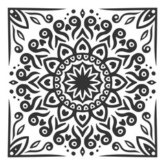 Fototapeta na wymiar Circle ornament of swirling lines, vegetation, heartsand central flower star. Stamp and stencil for printing. Illustration for rugs.