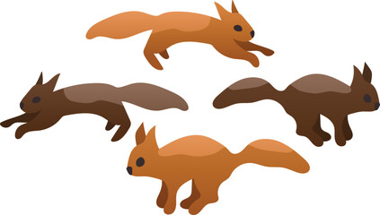 A set of illustrations of a wild squirrel in different poses. Ready-made stickers of a cute fluffy animal, a squirrel runs and jumps in search of nuts. Ready to use eps for your design