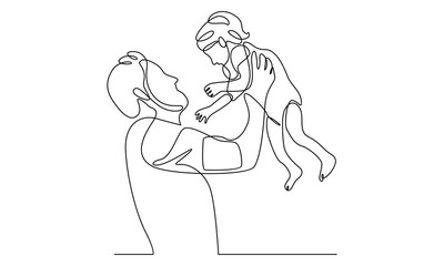 Continuous line of father holding happy son up in air