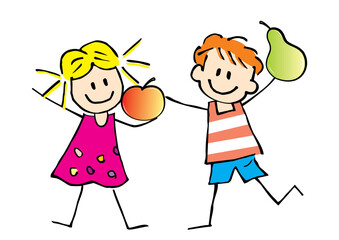 healthy food, two children with fruit, girl with apple, boy with pear, funny vector illustration