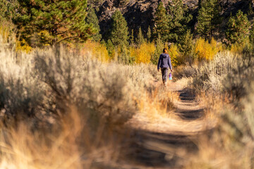 A woman hikes in the forest in the fall in Oregon