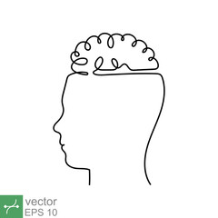 Continuous line art and one line drawing of a human head with brain. Linear outline stroke, mechanical and robotic technology with advanced. Vector illustration isolated on white background. EPS 10.