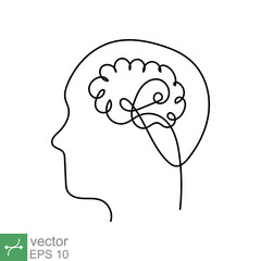 Continuous line art and one line drawing of a human head with brain. Linear outline stroke, mechanical and robotic technology with advanced. Vector illustration isolated on white background. EPS 10.
