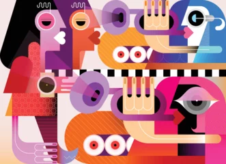 Poster Mensen luisteren naar muziek tijdens een concert vectorillustratie. De muzikanten bespelen de trompetten. Moderne grafische kunstwerken. ©  danjazzia
