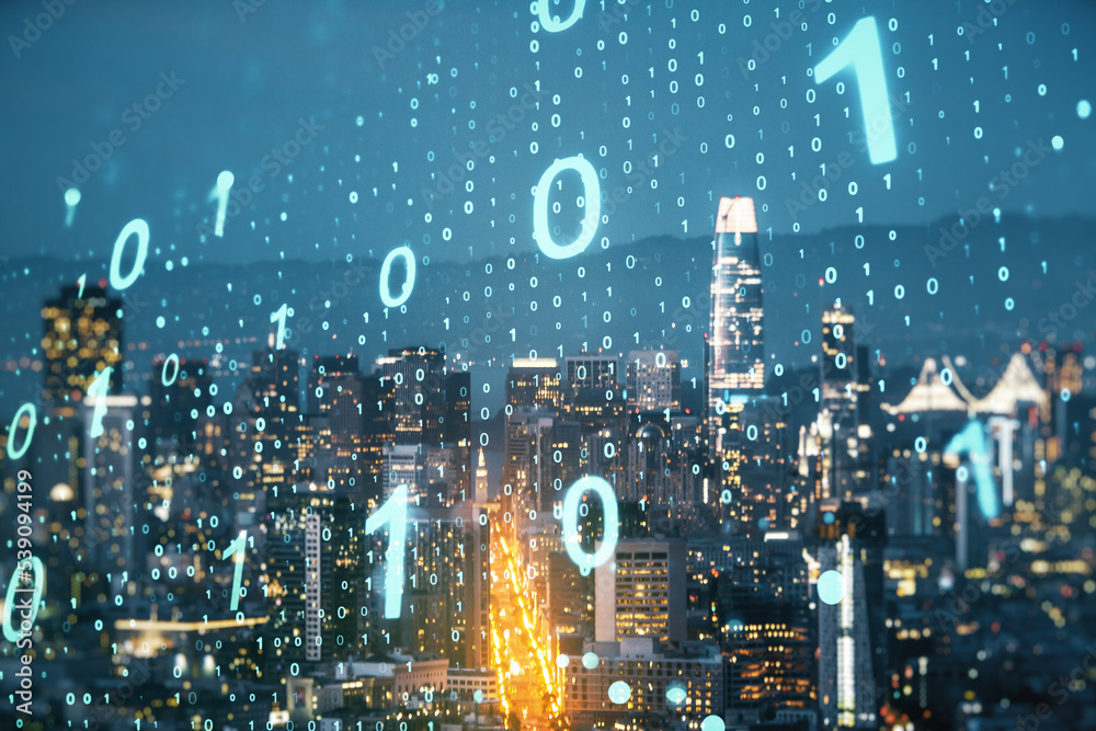 Aufkleber Double exposure of abstract virtual binary code hologram on San Francisco city skyscrapers background. Database and programming concept