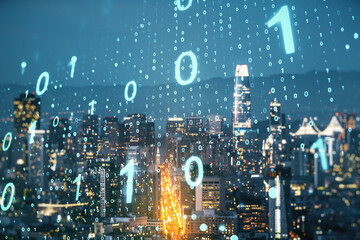Double exposure of abstract virtual binary code hologram on San Francisco city skyscrapers background. Database and programming concept