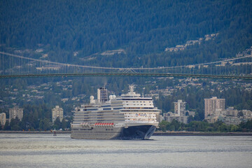 Holland America HAL cruiseship cruise ship liner Koningsdam arrival into Vancouver port, Canada...