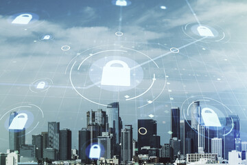 Virtual creative lock illustration with microcircuit on Los Angeles cityscape background, cyber...