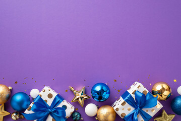 New Year concept. Top view photo of gift boxes with ribbon bows blue gold baubles star ornaments and confetti on isolated purple background with copyspace