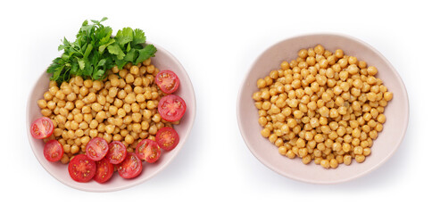 Healthy food plate with various raw vegetables and boiled chickpeas, vegetarian food, top view