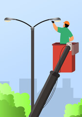 professional electrician worker installing a street lamp vector illustration, repairing power line, flat poster illustration, lamp installer, switching LED Bulb