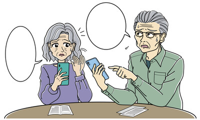 スマホの使い方がわからないという会話をする高齢夫婦（ふきだしあり）