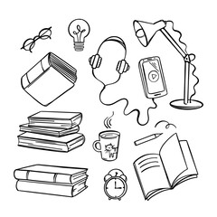 READ EDUCATION Bookstore Online Concept Home Education Hand Drawn Vector Collection Various School Supplies For Learning Of Students On Internet Doodle Style