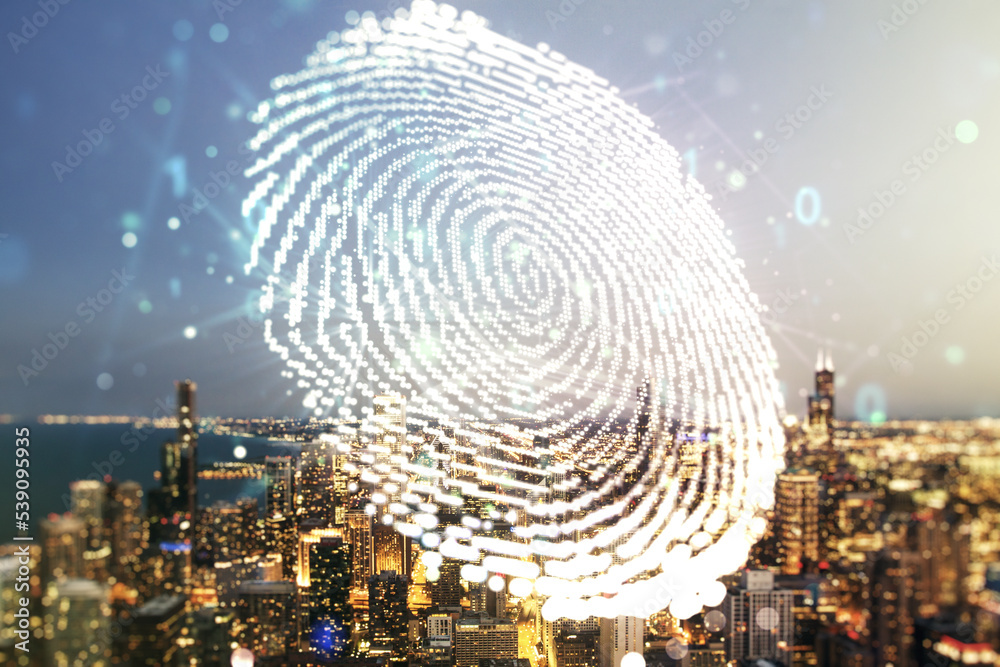 Poster Multi exposure of virtual graphic fingerprint sketch on Chicago cityscape background fingerprint scan data concept