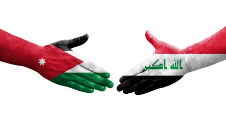 Handshake between Iraq and Jordan flags painted on hands, isolated transparent image. - obrazy, fototapety, plakaty
