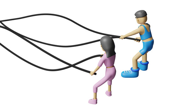 cartoon character fitness people with battle ropes exercise in gym. exercise for health Concept, 3d illustration or 3d render