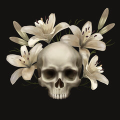 Skull with luxurious white lilies flowers wallpaper. Dark background. Halloween graphic print, fashionable pattern for t-shirts.