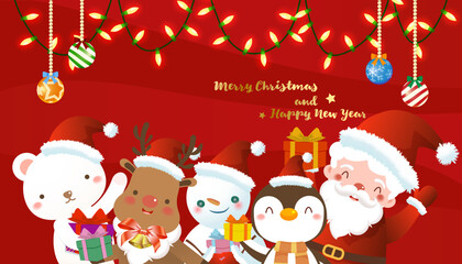 Santa Claus and little animals are celebrating Christmas with gifts, string lights and decorations on red background