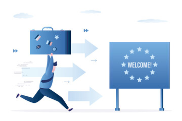 Unfortunate man carries luggage and runs towards border with European Union. Male immigrant trying to cross country border. Refugee with suitcase runs away from military conflict or poverty.