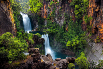 Fototapeta na wymiar Beautiful waterfall , Landscape background, nature photo, drone view or bird view