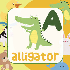 animals alphabet flashcard for toddlers. Learning card introducing letters to children through game card. Cute animal vector design. A for Alligator